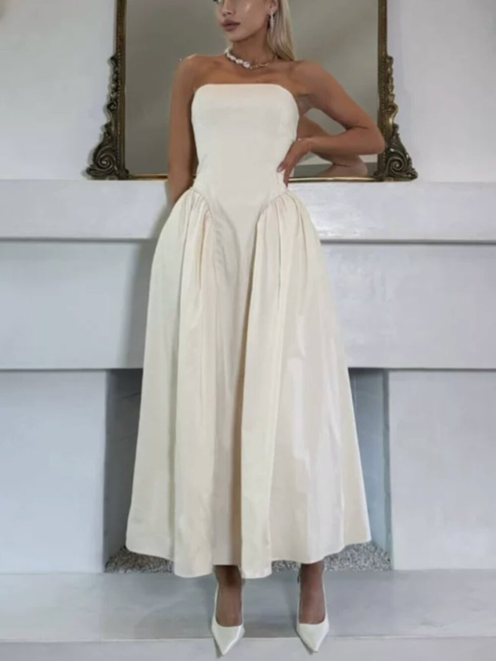 ✨ SALE EUC Mable Midi Strapless Dress Medium Almond Cream Party - Picture 1 of 10